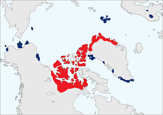Mavi misk öküzünün 20. yüzyılda sokulduğu alanları, kırmızı da oluşan dağılımını gösterir.
