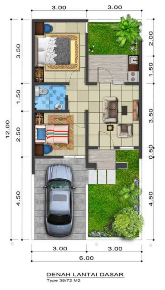 5 Denah Rumah Minimalis Ukuran 6x12 Meter 1 Lantai 2 Kamar Tidur Tampak Depan Ruang Inspiratif