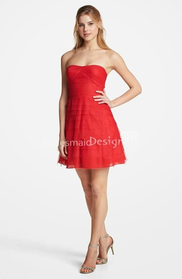 Pretty Red Strapless Short A-line Tiered Skirt Bridesmaid Dress