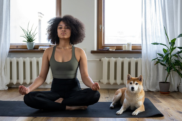 woman practising yoga with dog at her side.