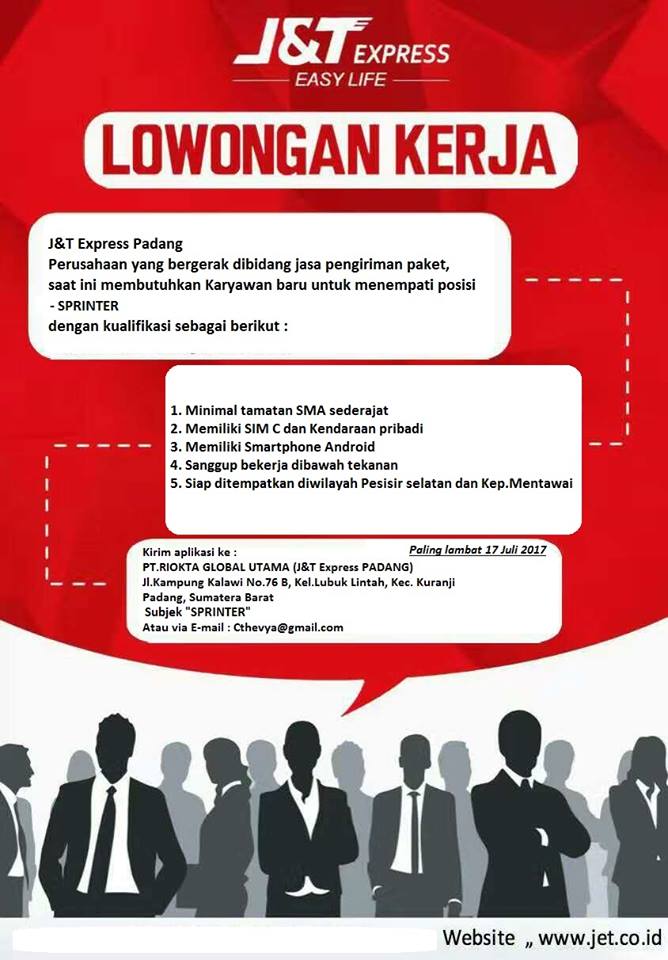 Lowongan Kerja Padang J&T Express Padang Juli 2017 - LOKER PEKANBARU