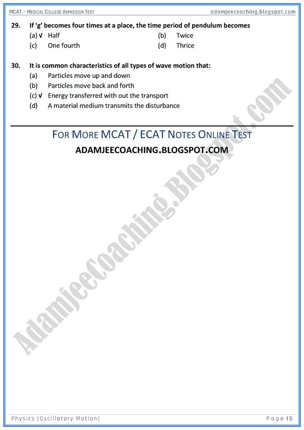 Adamjee Coaching MCAT Physics [Oscillatory Motion] Mcqs for Medical