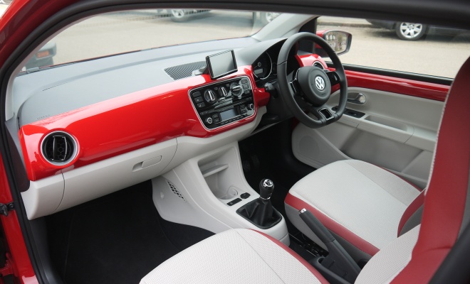 VW High Up interior in red and pale grey