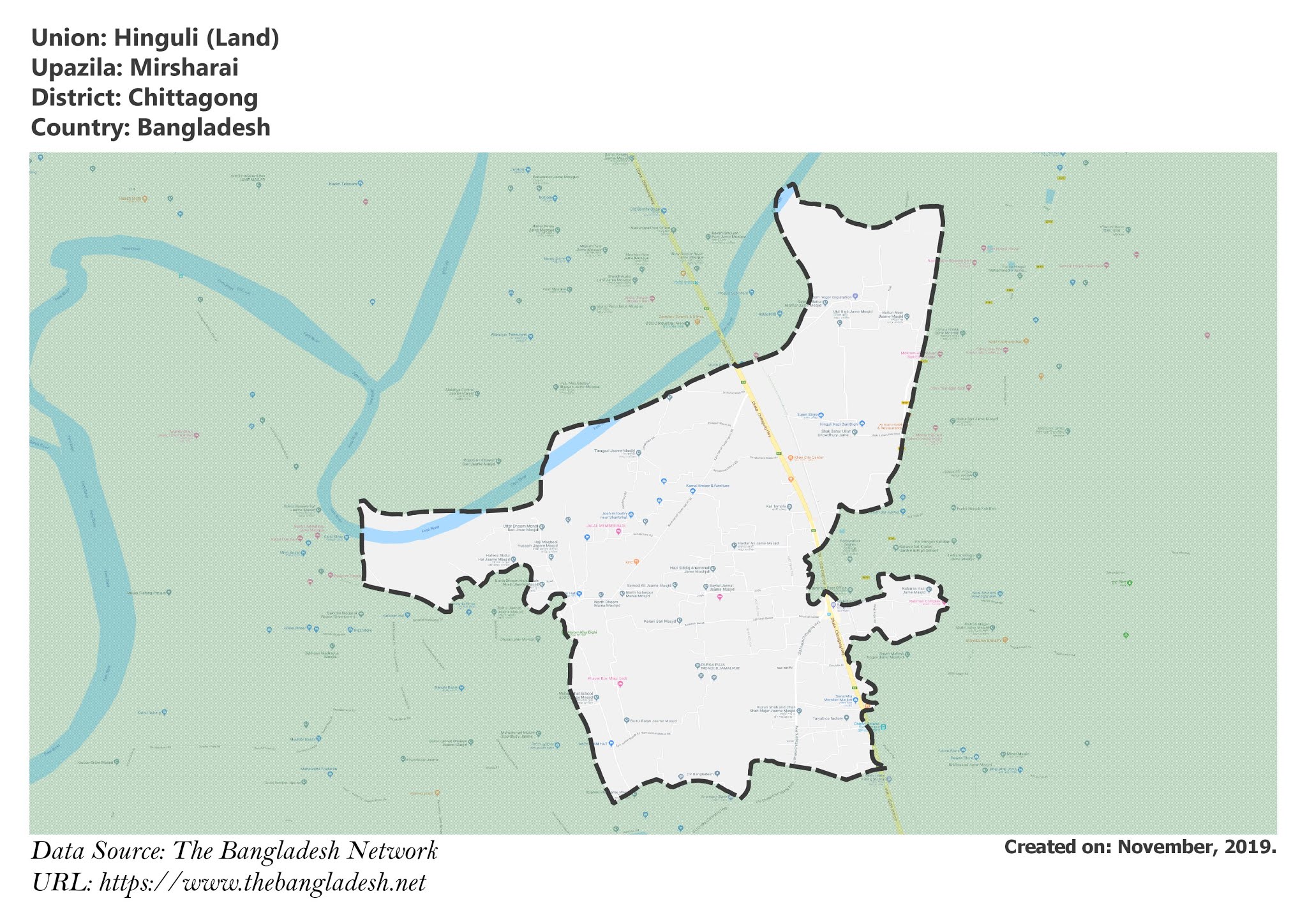 Map of Hinguli of Mirsharai Upazila Map of Hinguli of Chittagong, Bangladesh.