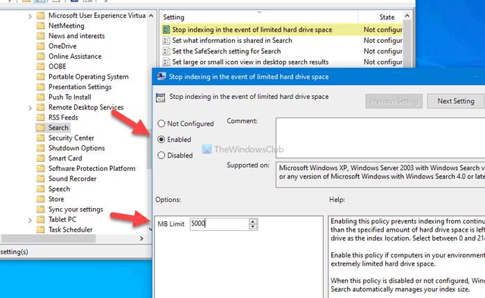 Отключить индексирование поиска Windows, когда на диске мало места
