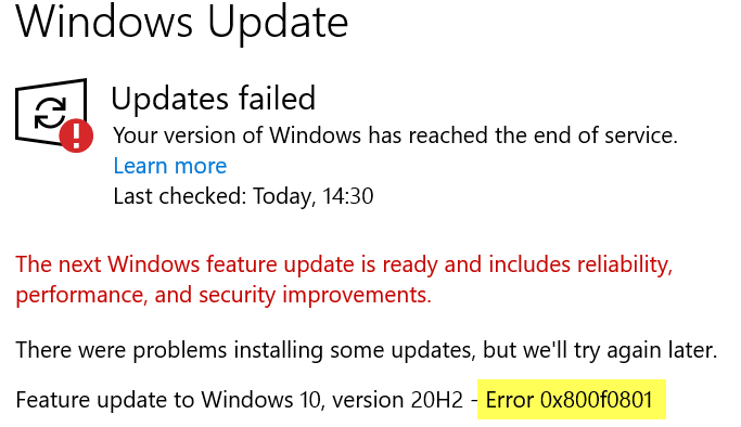 Error de actualización de Windows 10 0x800f0801