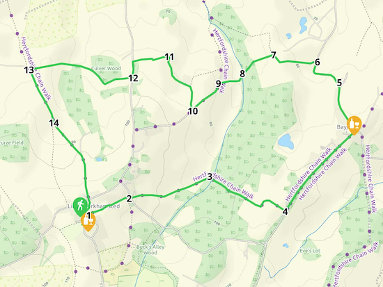 Map for Walk 25: Little Berkhamsted Loop  Created on Map Hub by Hertfordshire Walker Elements © Thunderforest © OpenStreetMap contributors  An interactive map with KML and GPX data is embedded at foot of page