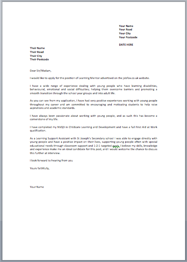 sample cover letter for job application in uk
