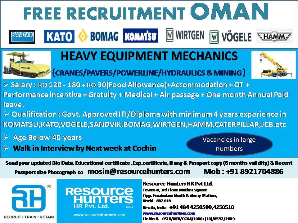 Free recruitment for Oman for heavy equipment Mechanics Assignment