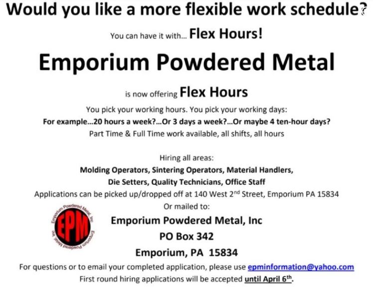 Cameron County PA News Emporium Powdered Metals is Hiring Flex Hours