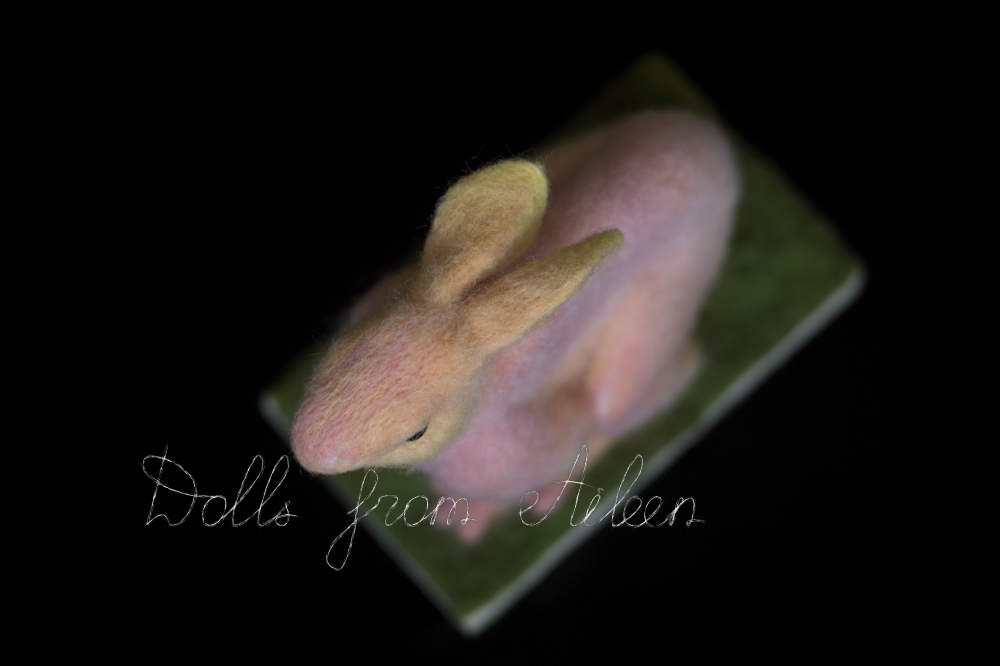 ooak needle felted hare sculpture, view from top