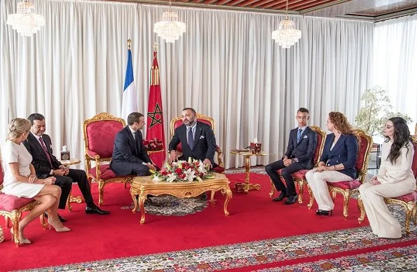 King Mohammed, Princess Lalla Salma and Prince Moulay Rachid, President Emmanuel Macron and Brigitte Macron at Rabat Airport