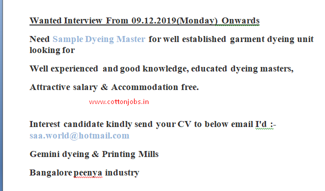 Wanted for Gemini dyeing & Printing Mills (Bangalore Jobs) Interview ...