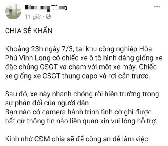 CSGT Vĩnh Long lên tiếng khi bị tố gây tai nạn rồi bỏ trốn