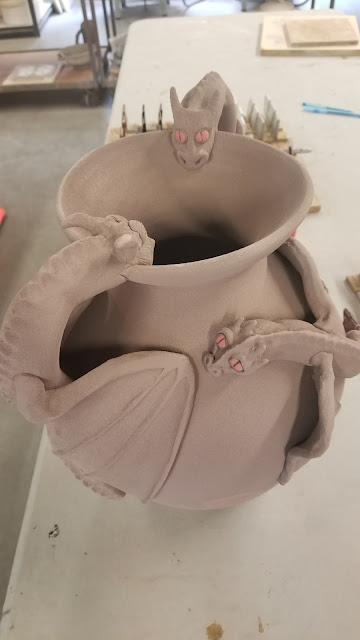 Big ceramic dragon pot in progress, pottery by Lily L.