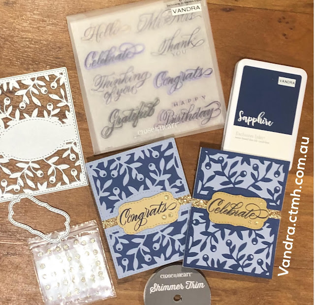 #CTMHVandra, Colour dare, Colour of the Year, blue belle, #ctmhSerenity, TicTacToe, #ctmhthincuts, Melisa Esplin, stitched thin cuts, blue, Gold, shimmer trim, 3D Foam, celebrate, Congratulations, cardmaking, color dare,
