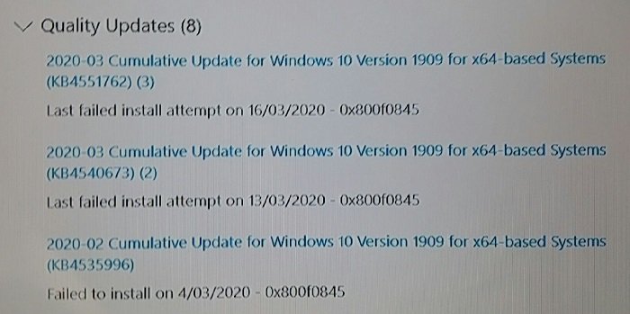 Ошибка Центра обновления Windows 0x800f0845