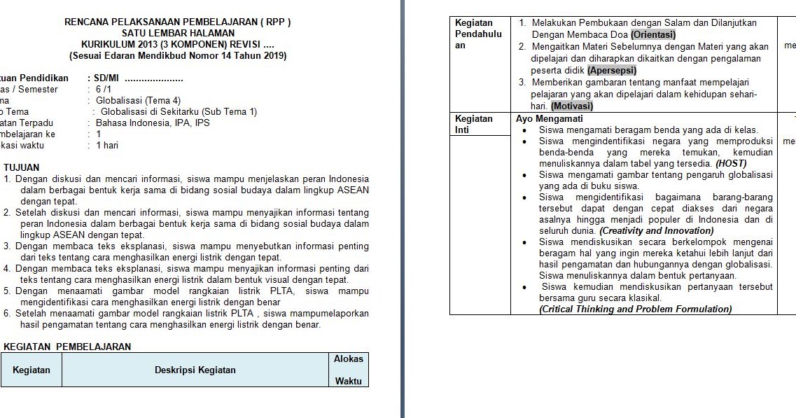RPP 1 Lembar Kelas 6 Tema 4 Kurikulum 2013 Revisi 2020 - Informasi
