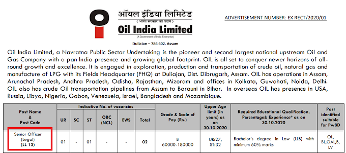 Sr Officer (Legal) in Oil India Limited - last date 30/10/2020