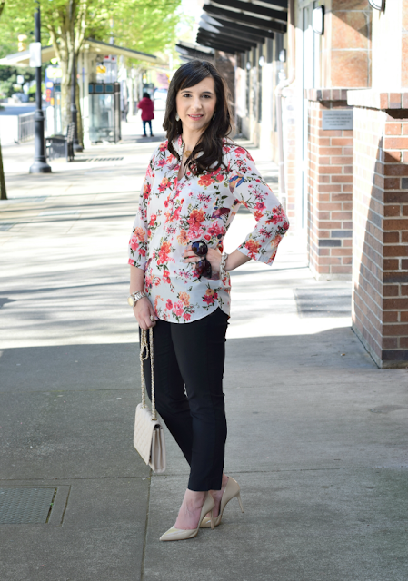 Floral top for work with affordable cat eye sunglasses