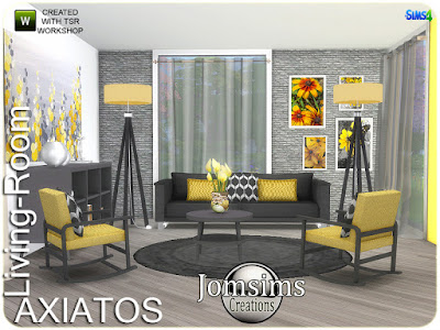 axiatos living room Axiatos гостиная для The Sims 4 современность Комфорт. В соответствии с цветом, чтобы придать этой современной гостиной очень современный или более простой вид в различных цветах. 2 дивана. 2 живых кресла. ковер. настенные росписи большие. настенные росписи х4. подушка квадратная для дивана. подушка деко для дивана. подушка деко для живого стула. консоль с deco.flowers. Прозрачные шторы. журнальный столик, торшер. для штор. Сим проходит, но для окон Автор: jomsims