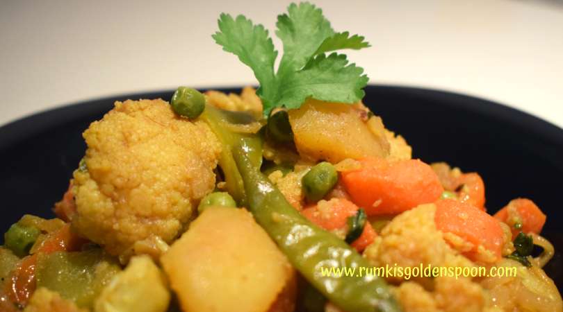 Indian Recipe, Vegetarian, Vegan, Home Style Spicy Mixed Vegetable (Dry Curry), Sookhi Sabji, Rumki's Golden Spoon