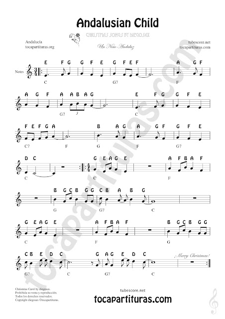 Andalusian Child Easy English Notes Sheet Music Christmas Song for Treble Clef Notas en Inglés 