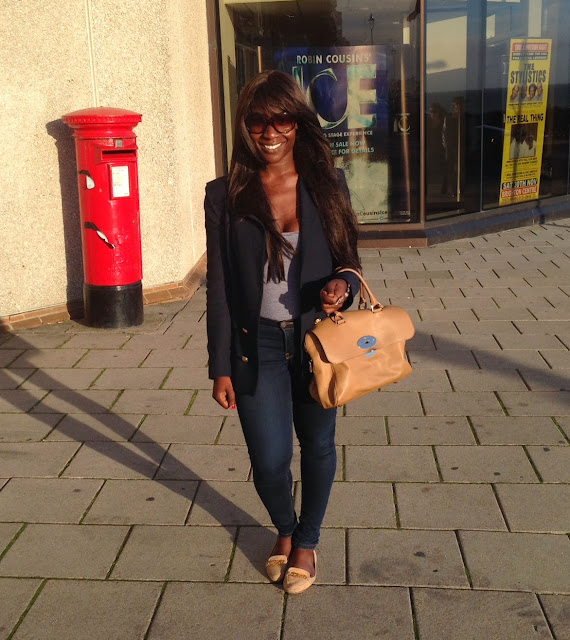 Navy blue Double breasted Zara blazer with gold buttons and Mulberry Del Ray bag 