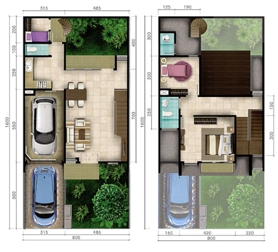 Lingkar Warna Denah Rumah Minimalis Ukuran 8x16 Meter 3 Kamar