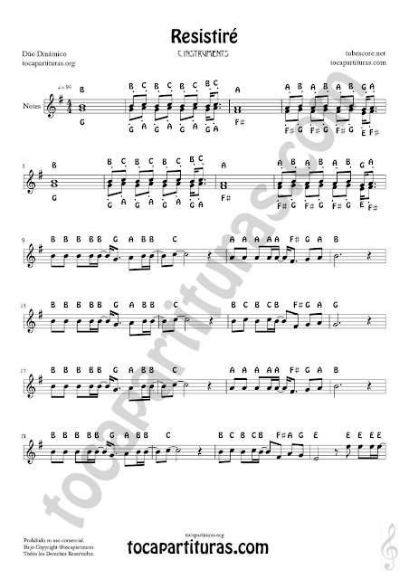 Easy Notes Sheet Music Resistire by Duo Dinamico for Treble Clef, Violins, Flutes, Saxophones, Clarinet, Trumpets, Horns... Partitura con Notas en Inglés Clave de Sol