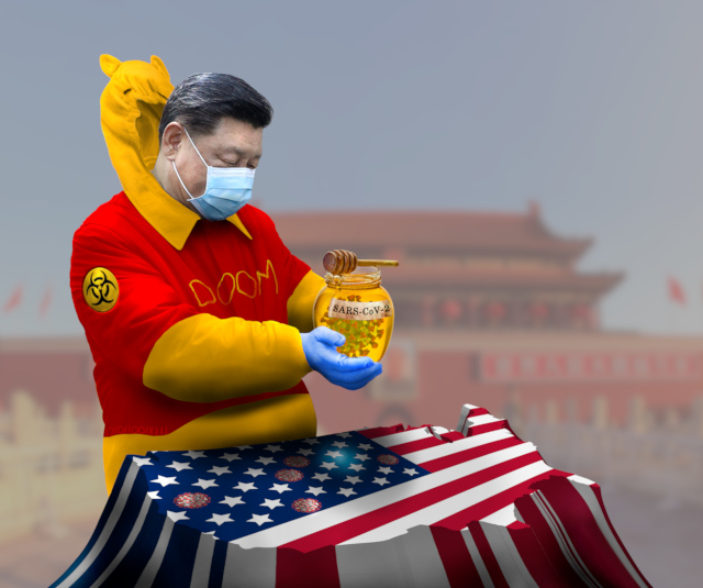 Stylised digital composite image: President 习近平 (Xi Jinping) of the PRC (People's Republic of China) stands in front of the Tian'anmen, in Tiananmen Square. He is dressed in a biohazard HazMat suit. The suit's coloring and shape resembles that of Winnie the Pooh, including the suit's hood, which has ears and eyebrows. On the front of the suit where the word 'Pooh' would appear, the word 'Doom' is written there in similar style.  In his glove covered hands, there is a glass honey jar, labeled as 'SARS-CoV-2'. Inside the jar is a giant coronavirus virion. A honey ladle sits atop the jar, with 'Made in America' and 'Made in China' stickers applied to it.  Xi is holding the glass honey jar over a 3D outline of the USA which is coloured like its national flag. Some state stars in the flag have been changed to coronavirus capsids.