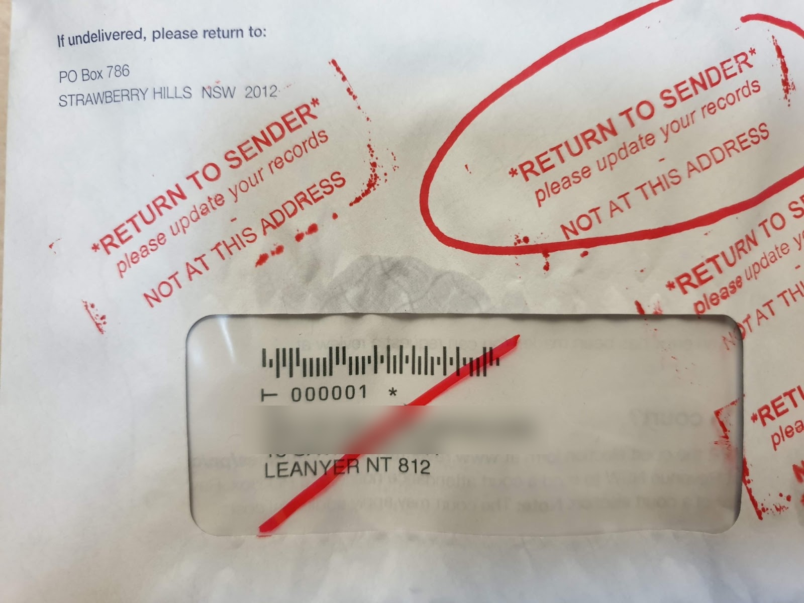 Repeated "Return To Sender" from PO Box 786 Strawberry Hills NSW 2012