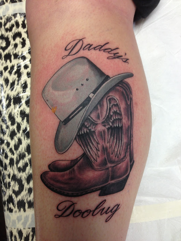 cowboy boots with hat by russell fortier lucky 7 tattoo title=