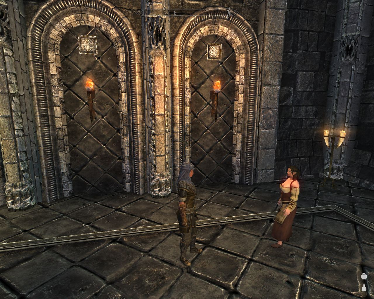 Laura stands in the Windhelm throne hall facing a young woman with large dark hair and simple clothes