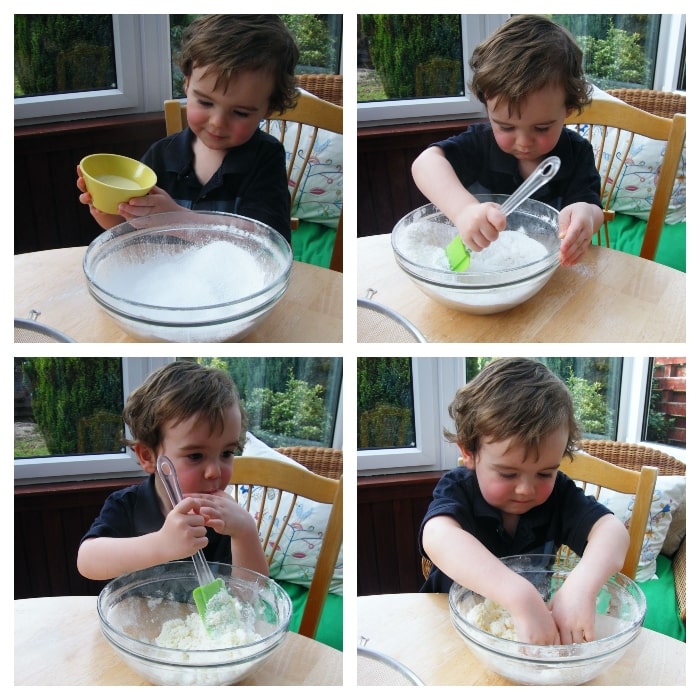Making Coconut Ice - Step 2 - adding condensed milk to the mixture and mixing