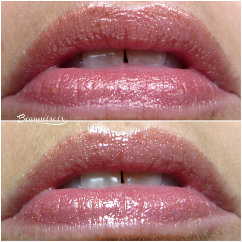 Lip swatches of New Dior-Addict Ultra-Gloss in 629 Mirrored: natural and artificial light
