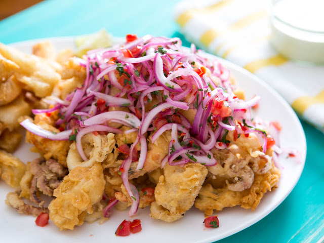 Peruvian Fried Seafood Platter With Lime-Marinated Onion and Tomato Salad (Jalea)