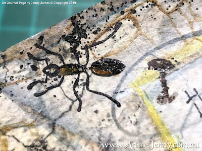 closeup of an ant - art journal page by Jenny James featuring Tim Holtz Stamps
