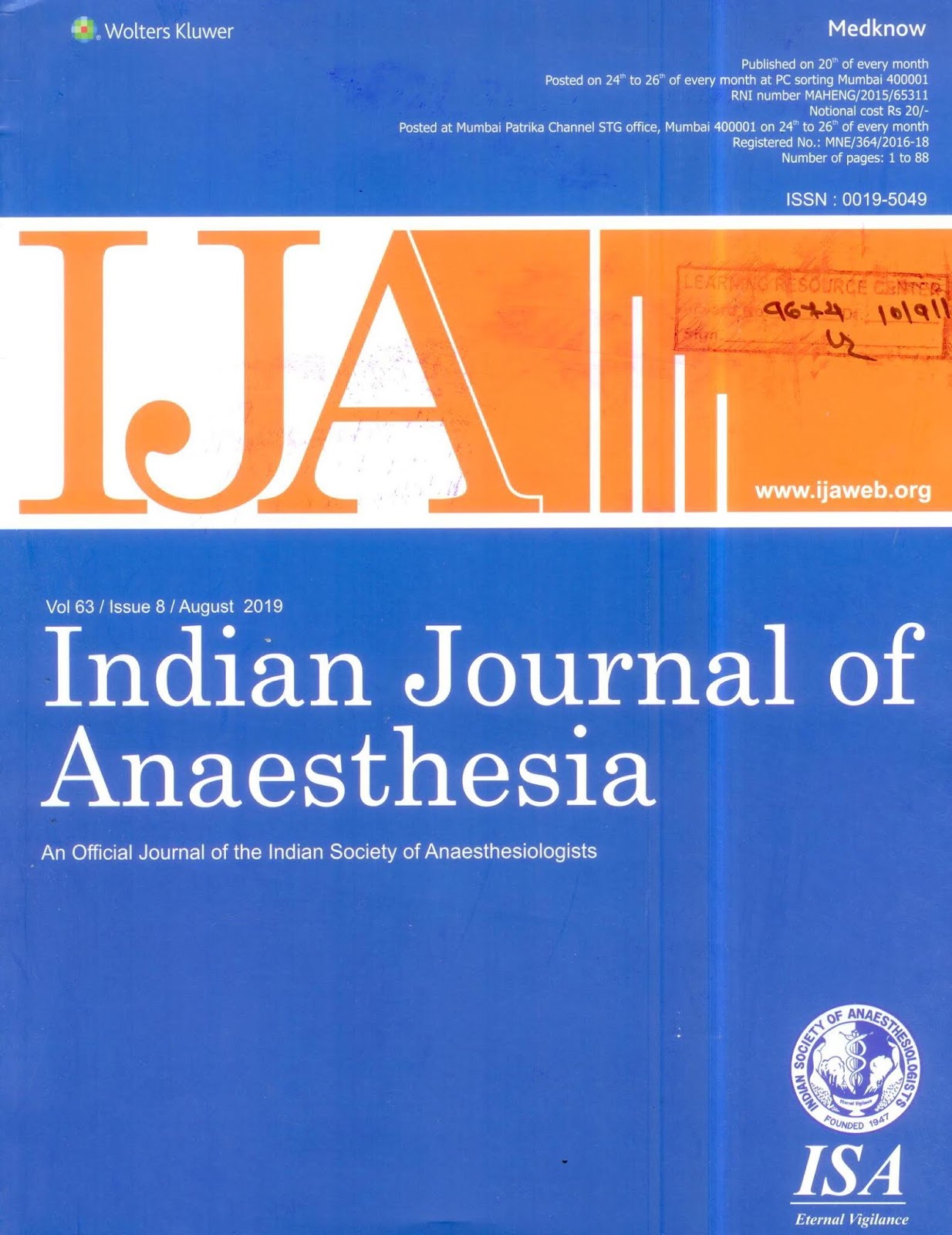 http://www.ijaweb.org/showBackIssue.asp?issn=0019-5049;year=2019;volume=63;issue=8;month=August