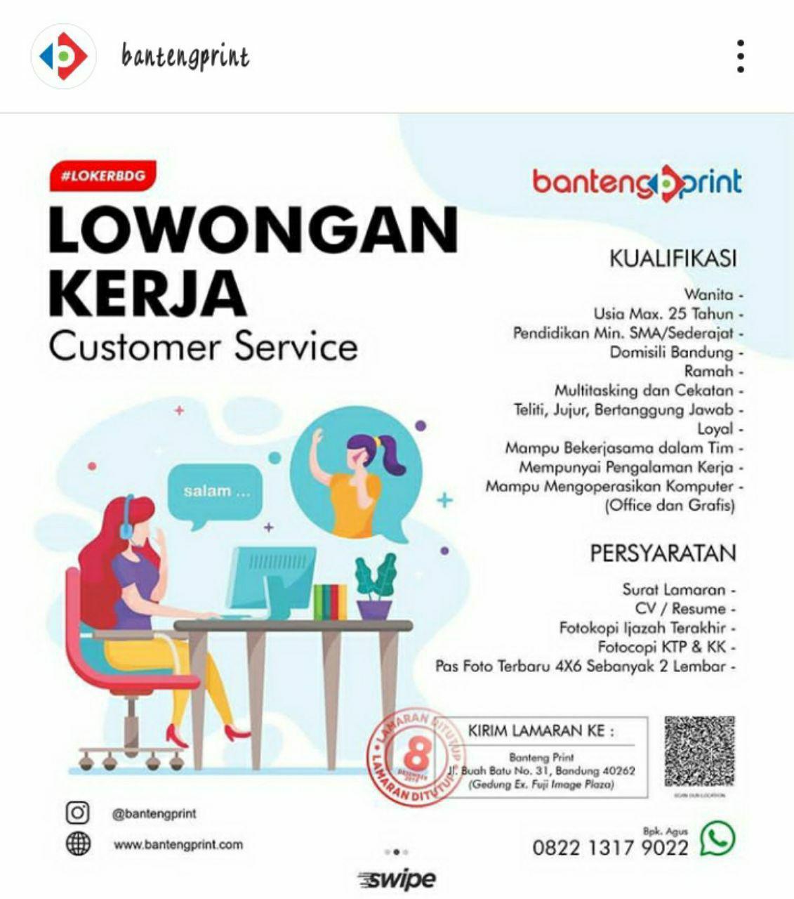 Lowongan Kerja Bandung Customer Service Benteng Print - Loker Bandung