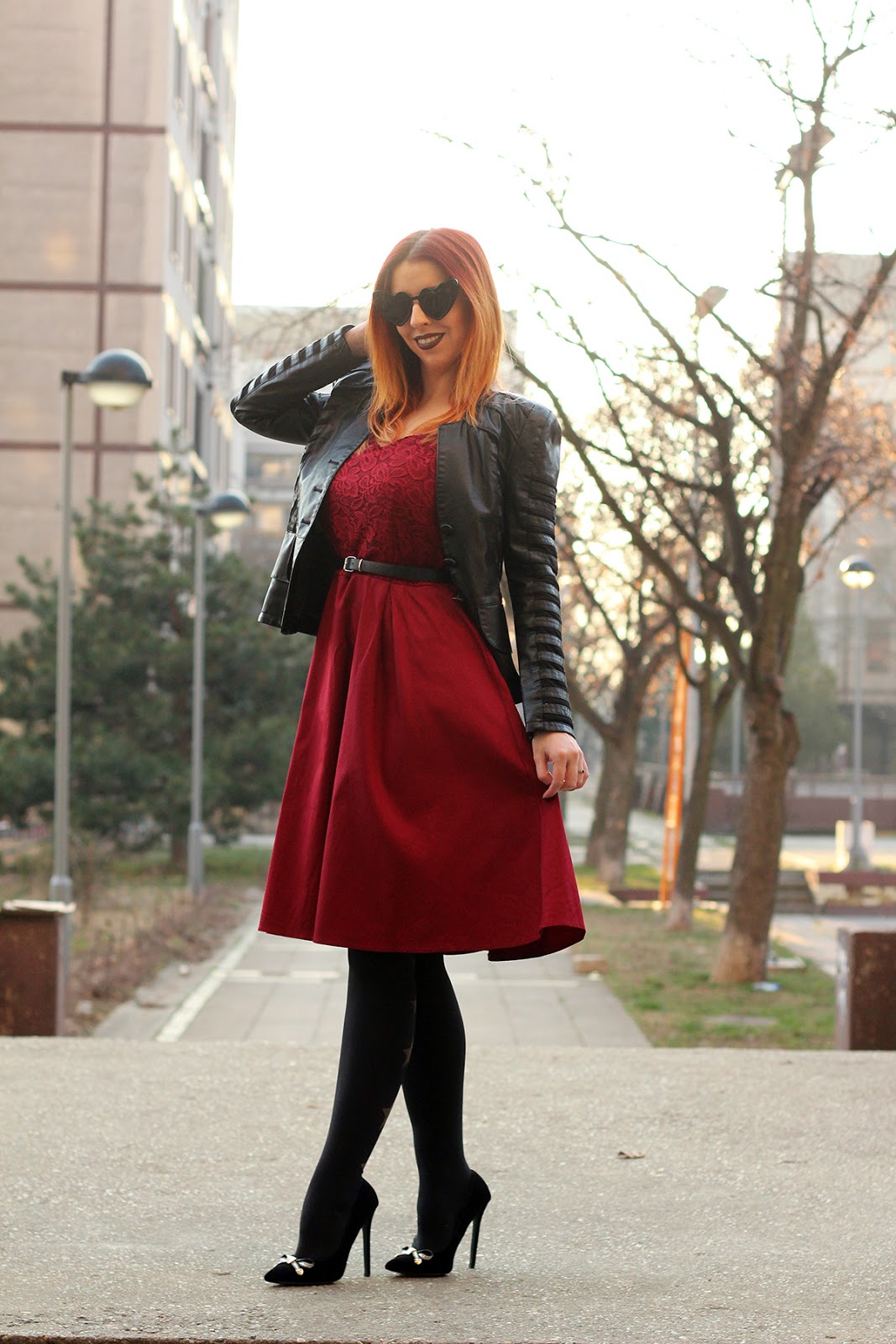 wine red outfit