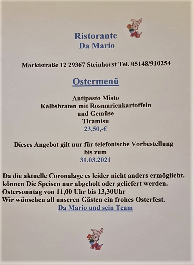 Heideort Steinhorst Niedersachsen Ristorante "Da Mario" bietet Ostermenü für die Feiertage an