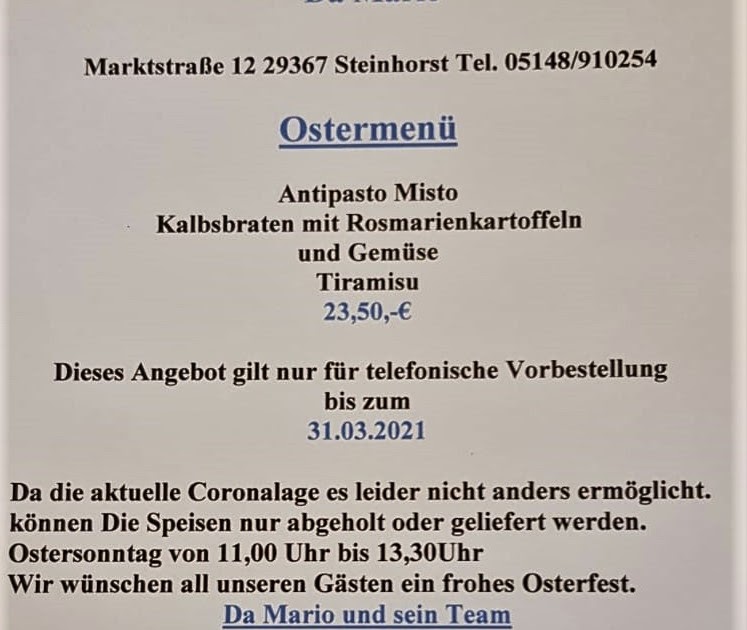 Heideort Steinhorst Niedersachsen Ristorante "Da Mario" bietet Ostermenü für die Feiertage an