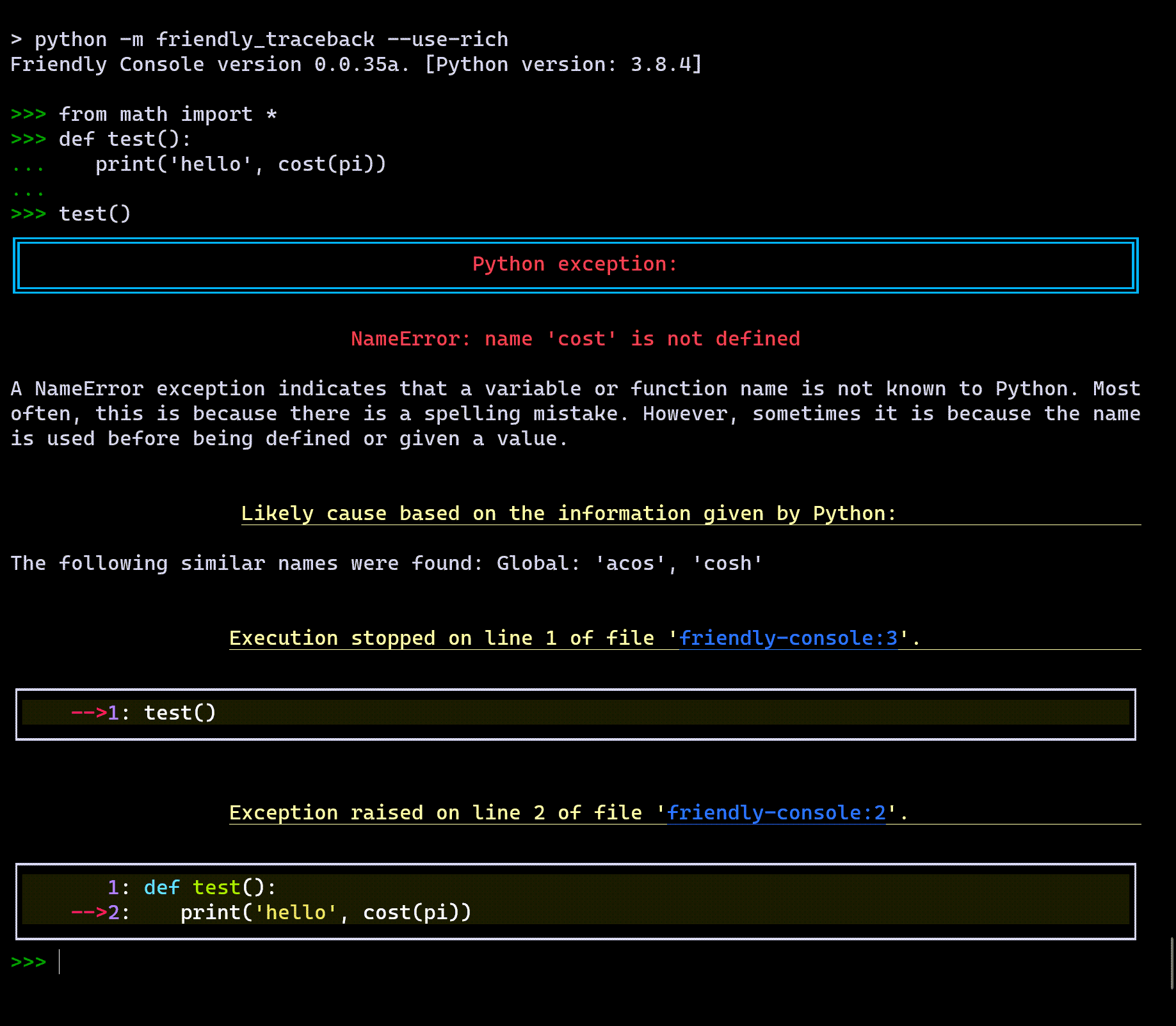Only Python: Rich + Friendly-traceback: first look