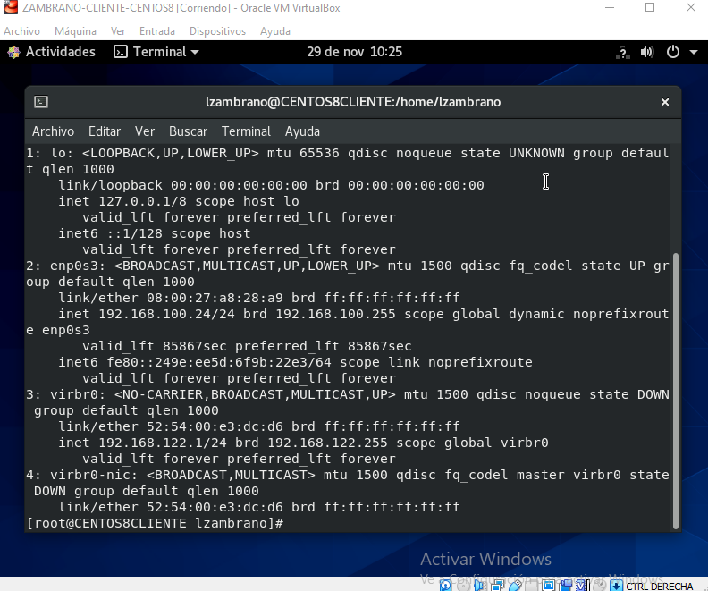 Configuración de conexion de red de CENTOS 8 CLIENTE