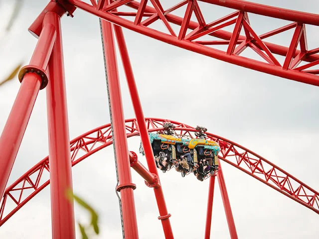 A close up of a red track on a roller coaster Huracan at BELANTIS theme park in Germany, image used with permission from BELANTIS website