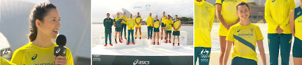 Row of three pics which are stills from the video. On the left, a head and shoulders close up of Marina holding the microphone and speaking. She wears a bright yellow top with the asics logo on its left hand side, Australia in capital letters in the centre and the Austalian Olympic team logo on the right hand side in dark green. The middle pic shows the members of the Australian Olympic team standing on alternate high and low steps on a white podium in front a clear screen with the asics logo on the left and the Austalian Olympic team logo on the right, with Sydney Harbour and the Opera House in the background. The right hand pic is a close up of Marina facing the camera smiling with the other team members on the staggered podium behind her. In this view we can see the thick dark green strip which runs top left to bottom right of Marina’s team top.