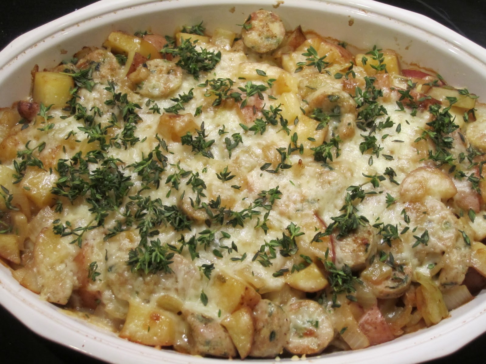 healthyish Sausage, Mushroom and Potato Gratin