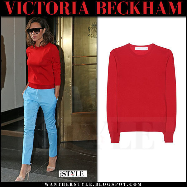 Victoria Beckham in red sweater and blue pants in New York on June 22