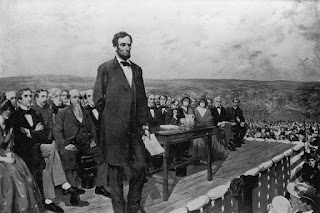 The Gettysburg address; painting of Lincoln giving historic speech